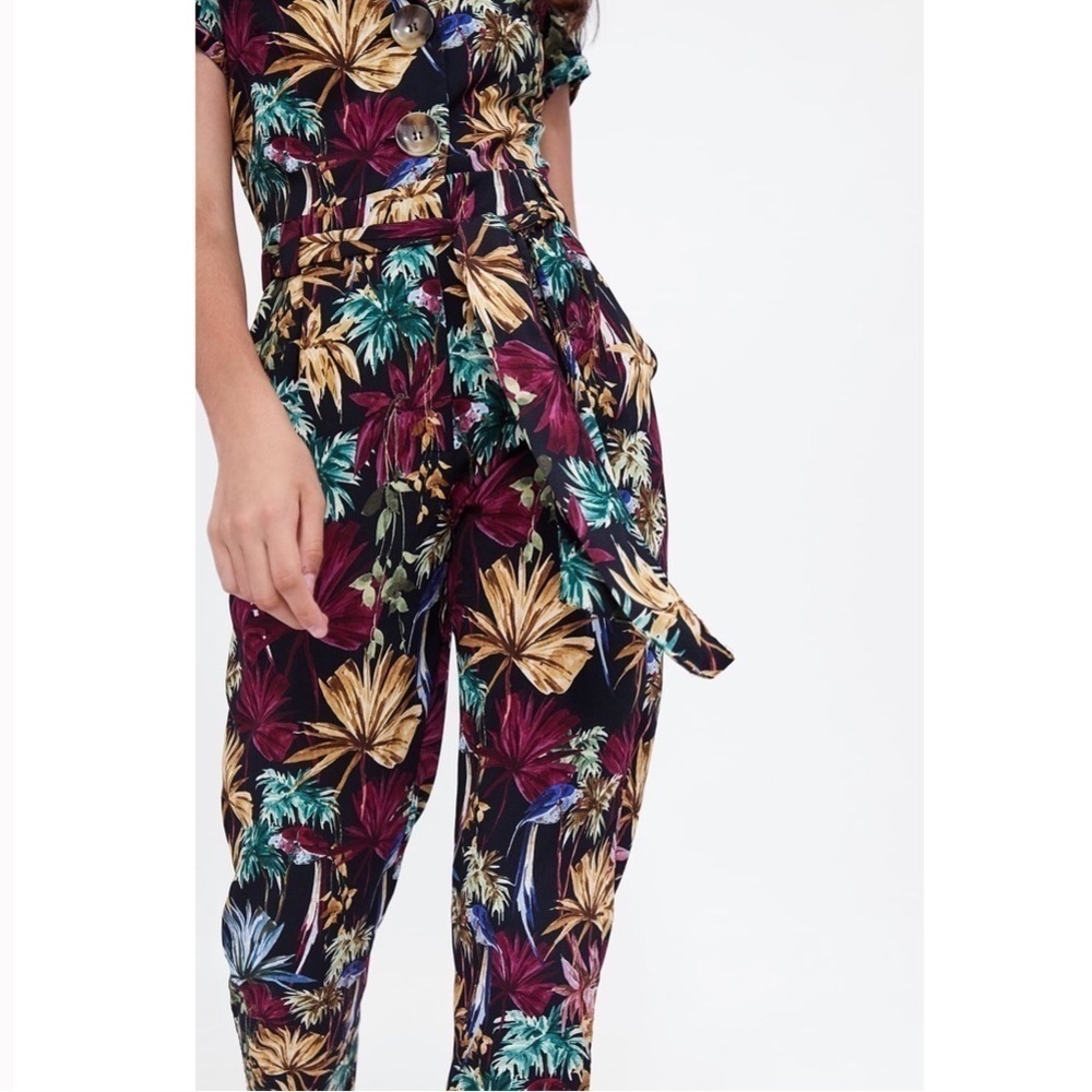 Zara Black Tropical Floral Jumpsuit with Gold and Teal Accents